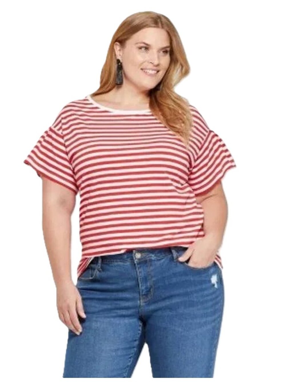 UEC 3X Ava & Viv SS Red & White Striped Single Pleat Sleeve Top